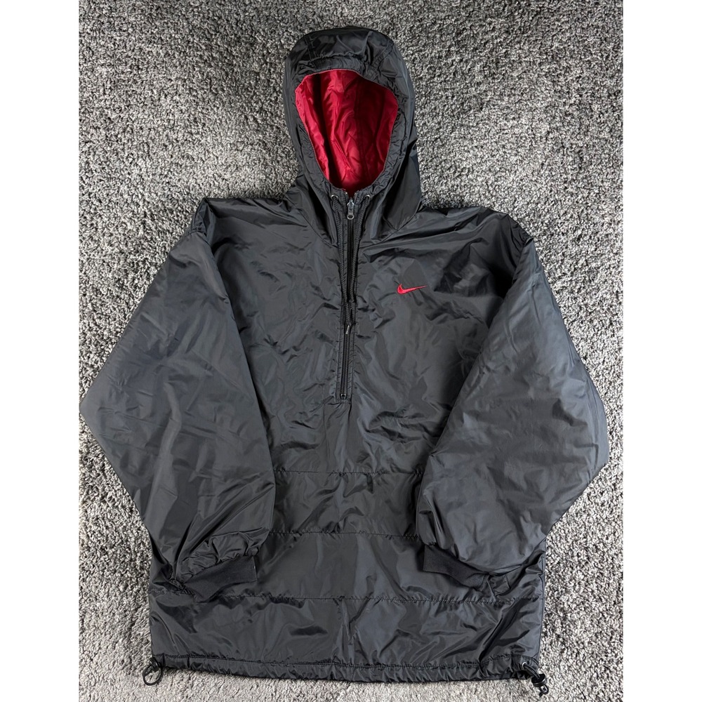 Vintage 90s Nike Hooded Half Zip Windbreaker Jacket Black Red Large 12-14